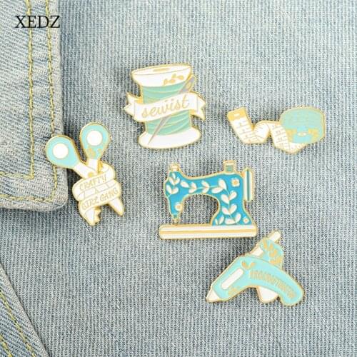 XEDZ Sewing Needlework Set Enamel Brooch Cartoon Tape Measure Glue Gun Scissors Craft Badge Jewelry Children Handmade Gift