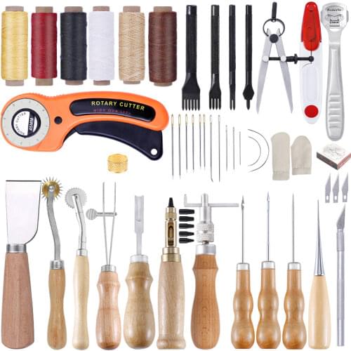 Nonvor 53Pcs Leather Work with Awl Waxed Thread Leathercraft Accessories Leather Groover Awls Prong Punch For Beginners
