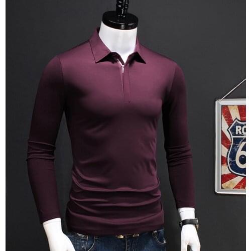 Casual Men Long Sleeve Polo Shirt Solid Color Zipper Collar Polos Shirts New Autumn Clothing Fashion Men Tops
