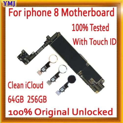 With Free iCloud 64GB 256GB for iphone 8 Motherboard with IOS System,100% Original unlocked With Touch ID,100% Tested