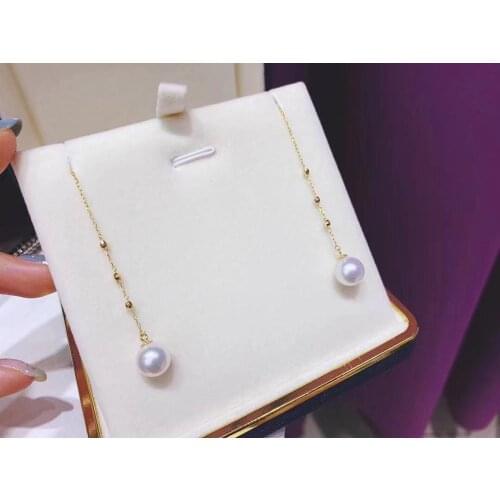D614 Pearl Earrings Fine Jewelry Solid 18K Gold Round 8-9mm Nature Fresh Water White Pearls Drop Dangle Earrings for Women