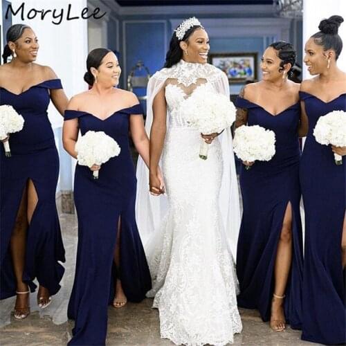 Dark Navy Bridesmaid Dresses Off The Shoulder Mermaid Side Slit Silk Satin Bridesmaid Dresses Wedding Party Bridemaid Dresses