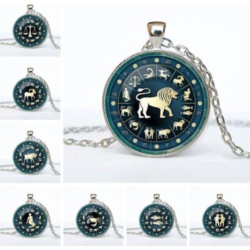 Vintage 12 Constellation Symbol Round Time Gem Pendant Necklace Aries Taurus Aquarius Horoscope zodiac Gift For Friends 12PCS