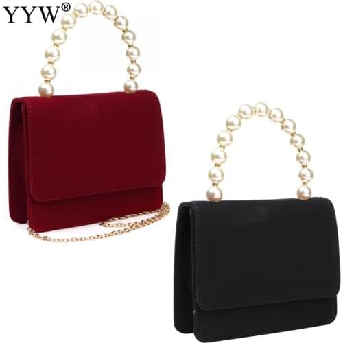 Pearl Handbag Pure Color Velvet Smooth Surface Temperament Bag For Woman Wedding Or Party Elegant Handbag Red And Black