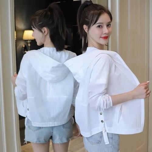 Korean Style New Womens Spring Jackets 2021 Summer Oversized Sunscreen Clothing White Hooded Coat With Zipper Jacket Femme