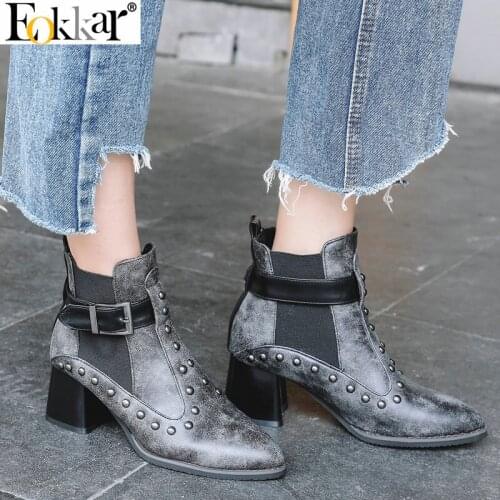 Eokkar 2020 Women Ankle Boots Pointed Toe Rivet Al Match Square High Heel Winter Boos Short Plush Ladies Boots Size 34-43