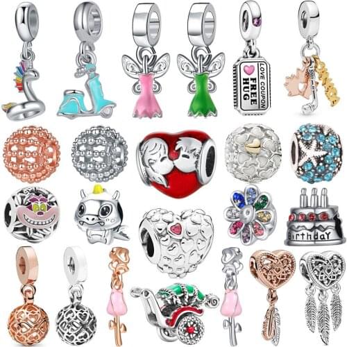 1Pcs New Cute Rose Cake Heart Feather Baby Carriage Beads Pendant Fit Original Pandora Charm Bracelet Women Jewelry Gifts