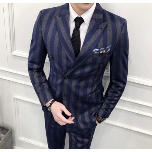 2021 navy blue stripe wedding suits for men formal suit slim fit 2 piece tuxed busines man blazer Party Prom jacket vest pants
