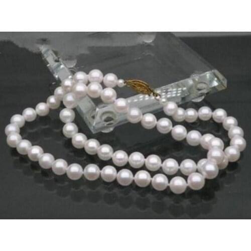 Free Shipping noble jewelry GORGEOUS 7-7.5mm AAA+ round white akoya pearl necklace yellow gold 18"