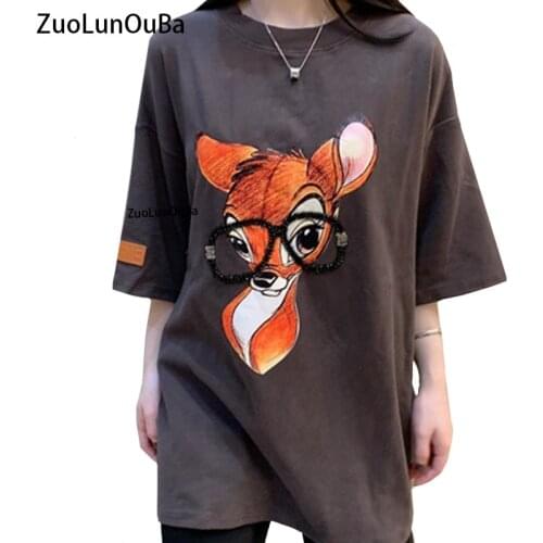 Spring Summer New High Quality Women T Shirt Pure Cotton Short Sleeve Tees Print Hot Diamond Harajuku Fox With Glasses Tops
