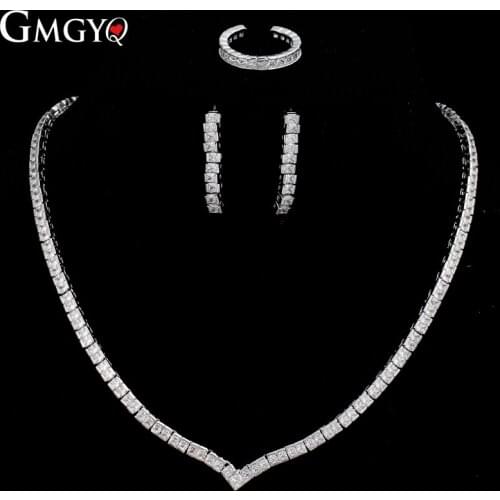 GMGYQ Trendy White Leaf Wedding Jewelry Set Square Cubic Zircon Necklace Earrings Ring Full Set For Women