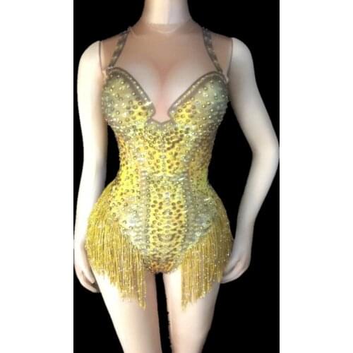 Sexy Nightclub Prom Dancing Costume One-piece Outfit Sparkly Gold Tassel Rhinestones Bodysuit Performance Stage Dance Wear
