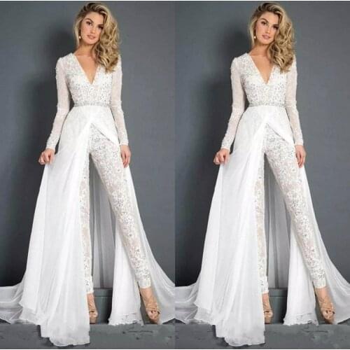 New Lace Chiffon Wedding Dresses Jumpsuits With Overskirt Modest V Neck Long Sleeve Beaded Belt Beach Casual Jumpsuit forBridal