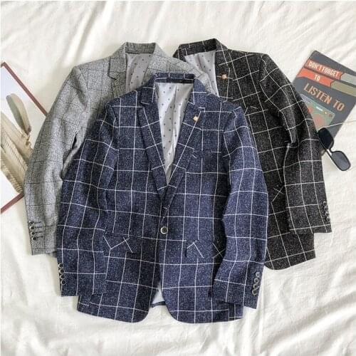Obrix Smart Casual Male Suit Jacket V-Neck Full Sleeve Plaid Pattern Handsome Gentleman Preppy Style Suit Jacket For Men