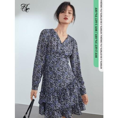 FANSILANEN Floral print ruffle elegant chiffon dress Women long sleeve v neck sexy boho dress Spring summer vintage short dress