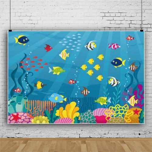 Underwater World Cartoon Fish Background for Portrait Photography Birthday Decors Photographic Backdrops Photocall Studio