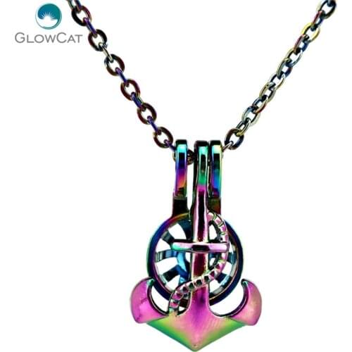 C656 COLORS Rainbow Multicolor Anchor Beads Cage Locket Pendant Necklace Charms Aroma Essential Oil Diffuser Locket Necklace