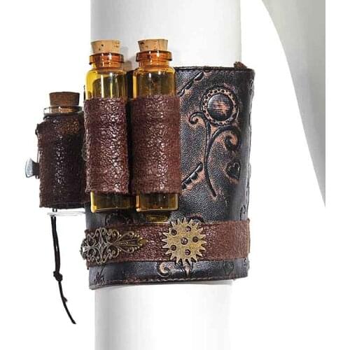 Retro Punk Brown PU Leather Copper Gearwheel Floral Carving Steampunk Armband Arm Belt Gothic Corset Cosplay Costume Accessories