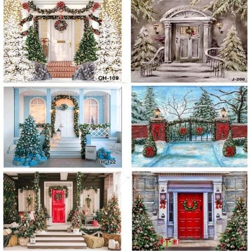 Merry Christmas New Year Party Backdrop House Wood Door Christmas Tree Wreath Decor Newborn Photography Background Photo Studio