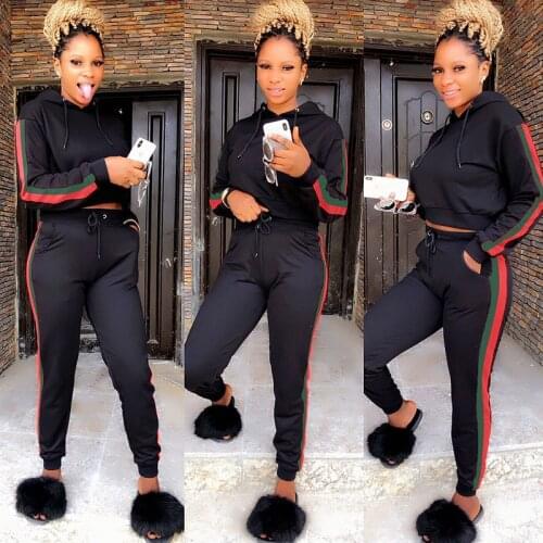 2 TWO PIECE SET Hoodies Tracksuit Women Joggers Sweat Suits Outfit Long Sleeve Track Pants Side Stripe Outfits Clothing Crop Top
