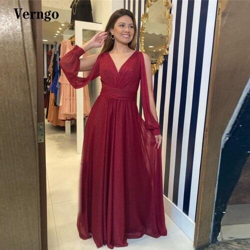 Verngo Dark Red Glitter A Line Evening Dresses Long Sleeves V Neck Women Plus Size Prom Gowns Mother Groom Formal Occasion Dress