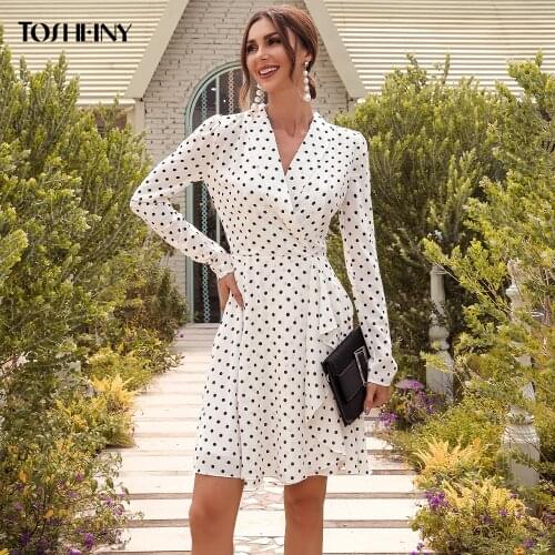 Tosheiny Women Polka Dot A Line Dresses Autumn Winter Sexy Deep V Long Sleeve Party Short Dress For Female M0664