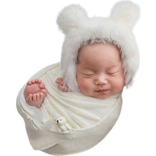 3pcs/set Newborn Infant Photography Wrap Knitted Boys Girls Photo Props Faux Fur Hat Strong Stretch Blanket Bear Doll