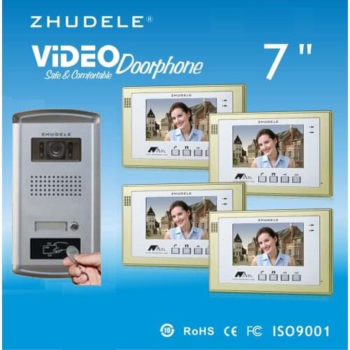 ZHUDELE Brand4X7" Color TFT LCD Monitor Video Door phone Intercom System+Waterproof Doorbell Camera w/t ID Card Unlocking Functi