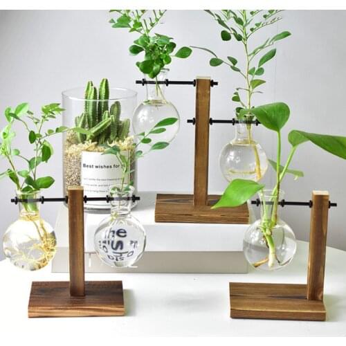 Vintage Hydroponic Plant Vases Flower Pot Transparent Vase Wooden Frame Glass Tabletop Plants Home Bonsai Decor Drop Shipping