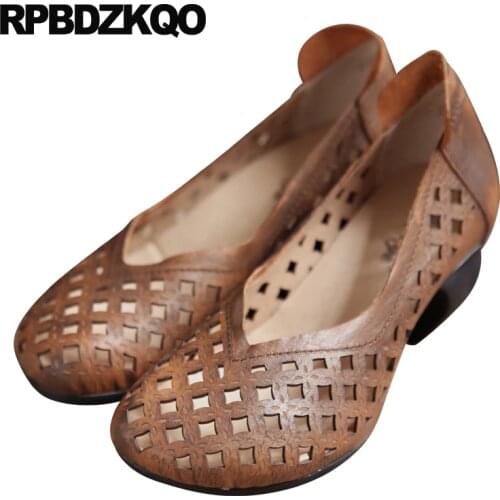 Closed Toe Cage Plus Size Luxury Brown Thick Large High Heels Women Shoes 2018 Spring Sandals Summer Genuine Leather Block Pumps