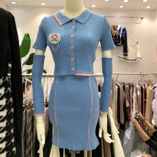 2 Piece Set Women Crop Top Knitted Sweater Cardigans + Sexy Bodycon Mini Skirt Set Autumn Korean Fashion Sweet Two Piece Outfits