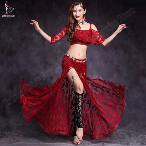 Women Belly Dance Costume Practice Clothes Floral Lace Half Sleeve Shoulder Top and Skirt Bellydancing Performance 2 Pieces