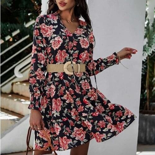LZEQuella V Neck A-Line Floral Print Boho Dress Women Long Sleeve Ruffles Mini Party Dress Casual Daily Fashion Clothes NZ2969