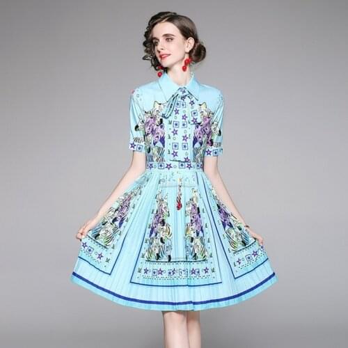 2021 summer Fashion Designer Dresses Women short Sleeve Single-Breasted High Waist Lace-Up Blue vintage print Dress