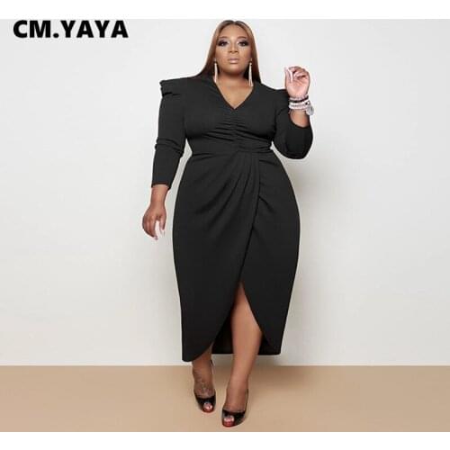 CM.YAYA Women Plus Size Dress Solid Full Sleeve V-neck Splited Midi Pencil Dresses Vintage Vestidos Summer Outfits Fashion 2021