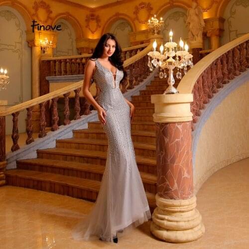 Finove Evening Dress 2020 Sexy Grey Color Mermaid Beading Gown Chic Straps Cross Design Floor Length For Prom Woman Dress