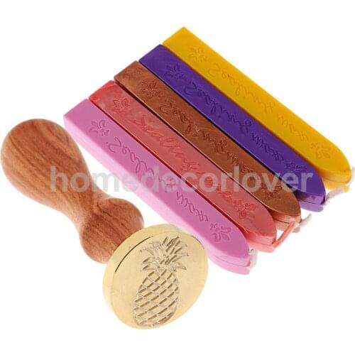 5Pcs Wax Sticks Wick+Initial Sealing Wax Stamp Seal Pineapple for Xmas Greeting Cards