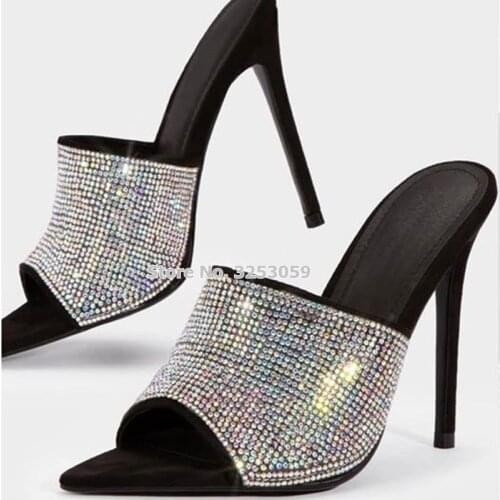 ALMUDENA New Design Bling Bling Silver Crystal High Heel Slippers Open Toe Slip-on Glittering Sandals Rhinestone Wedding Shoes