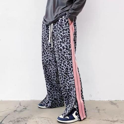 Gray Pink Leopard Mens Straight Casual Trousers Patchwork Pants Loose Pants C15