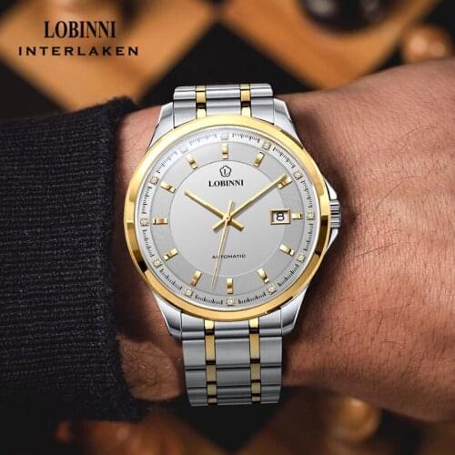 LOBINNI Classic Mens Automatic Mechanical Watches With Date Stainless Steel Watches Sapphire Glass Watches Free Shipping