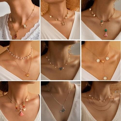 Docona 2020 New Crystal Butterfly Pendant Necklace for Women Ethnic Handmade Clavicle Chain Female Collares Jewelry on the Neck