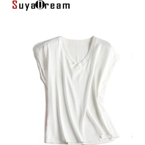 SuyaDream Women Solid T Shirt Silk Satin V neck Short Batwing Sleeved Chic Shirt 2021 Spring Summer White Black Silk Top