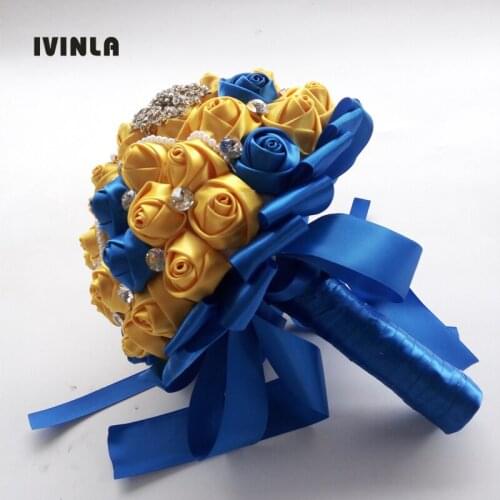 Hot sell Gold Yellow and blue wedding flower bridal bouquets pearl heart bridal bouquet for wedding