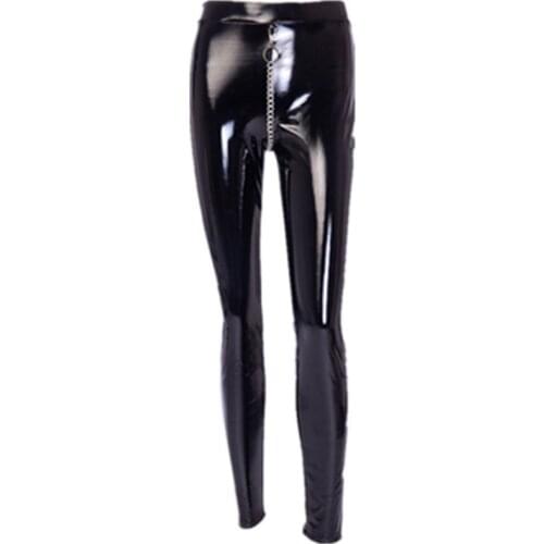 Sexy Party Ropa Para Mujer Fitness PU Leggings Streetwear Women High Waist Pants Women Bright Face Metal Chain Leather Pants