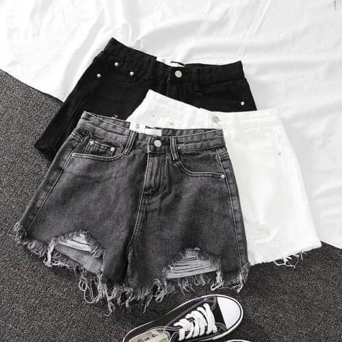 Summer Women Wide Leg Pants Hole Black Denim Shorts Casual Female Streetwear Loose Solid Color White Jeans