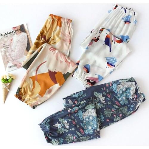 Summer Viscose Cotton Printing Women Pajama Bottoms Elastic Waist Ankle-Length Pants Sleep Wear Women Lounge Wear Closing Pants