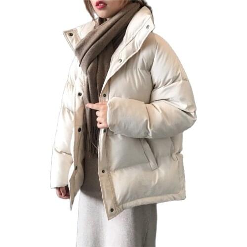 Fashion Solid Womens Winter Down Jacket Stand Collar Short Single-breasted Coat Preppy Style Parka Ladies Chic Outwear Female