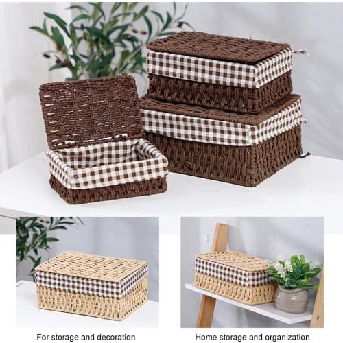 A Set Wicker Storage Basket Set Woven Storage Baskets with Lid Cotton Liner Organizer Decoration for Kitchen, Bedroom, Closet