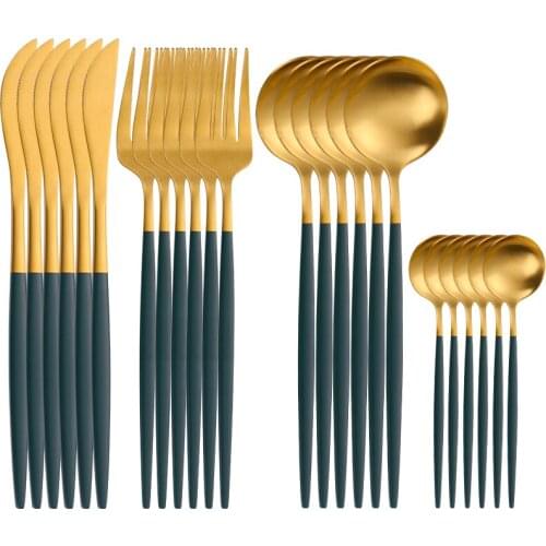 24Pcs Gold Dinnerware Set Stainless Steel Tableware Set Gold Rainbow Black Flatware Set Matte Knife Fork Spoon Gold Cutlery Set