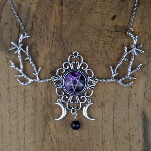 Pentagram glass pendant crescent moon witch necklace wicca gothic jewelry
